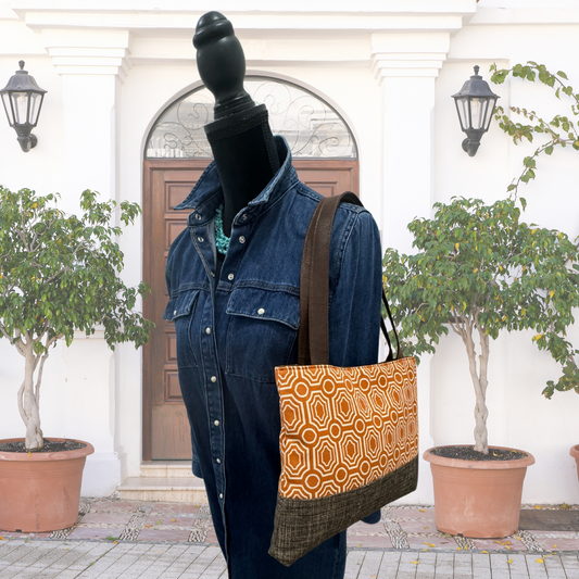 Orange and Cream Tapestry Tote Bag, Handbag, Purse