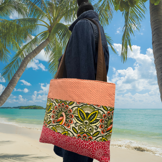 Cotton Peacock Print Tote Bag  In Peach and Green