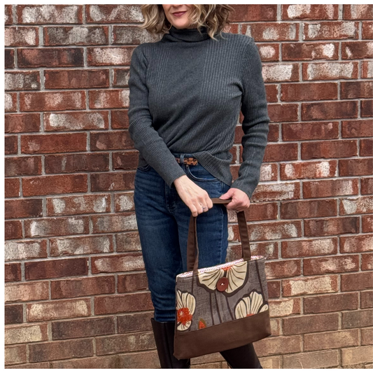 Gold and Brown Floral Handbag Tote Purse with Button