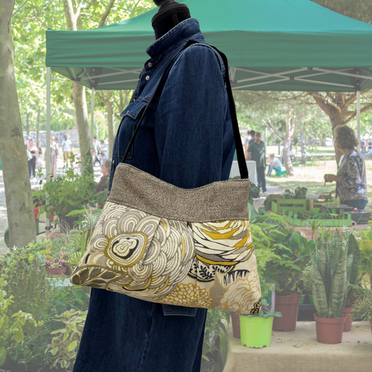 Yellow Gold and Grey Floral Handbag Tote Purse