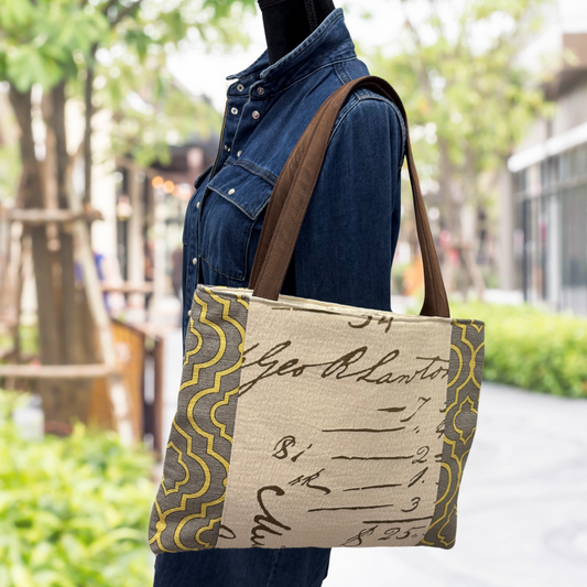 Script Pattern Tote Bag in Gray and Gold