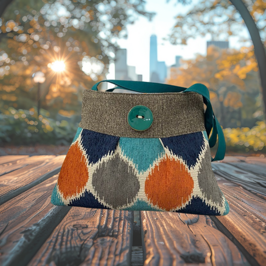 Pleated Teal and Orange Tapestry Purse Handbag with Button
